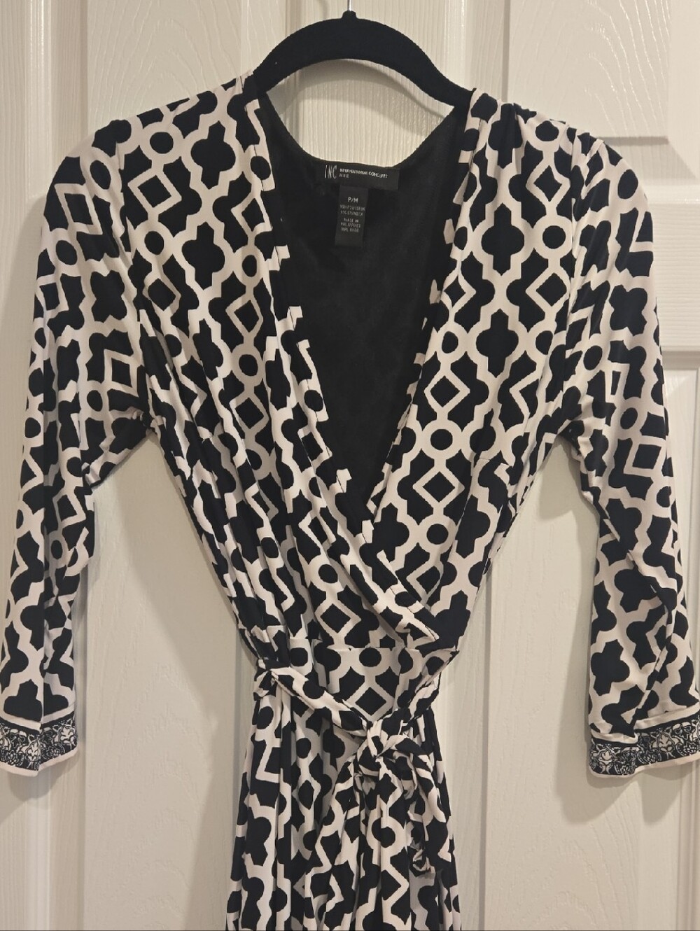 INC International Concepts Black and White Geometric Wrap Dress P/M